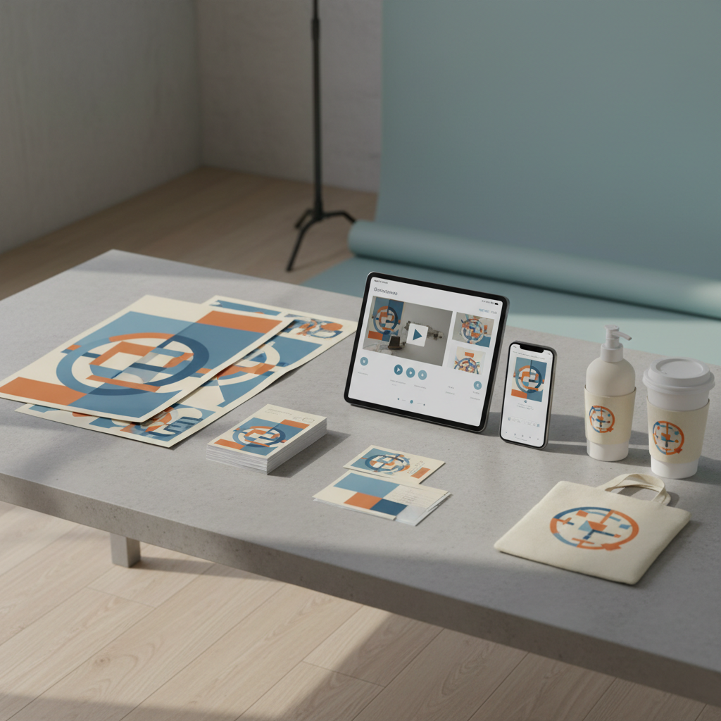 A polished concrete tabletop showcasing a neatly arranged set of visual assets from a cohesive brand campaign: high-quality printed posters, postcard-sized promo pieces, and a tablet looping a video ad storyboard. Color-accurate product mockups sit on one side, while a phone displays a mobile-optimized ad version. The background is a subtly blurred studio space with neutral tones and a single accent-colored backdrop roll. Soft directional studio lighting from the left creates gentle highlights on glossy print surfaces and controlled shadows along edges. Photographic realism, shot from slightly above using the rule of thirds, conveys a refined, professional, creative atmosphere that highlights the craftsmanship and consistency of integrated marketing projects.