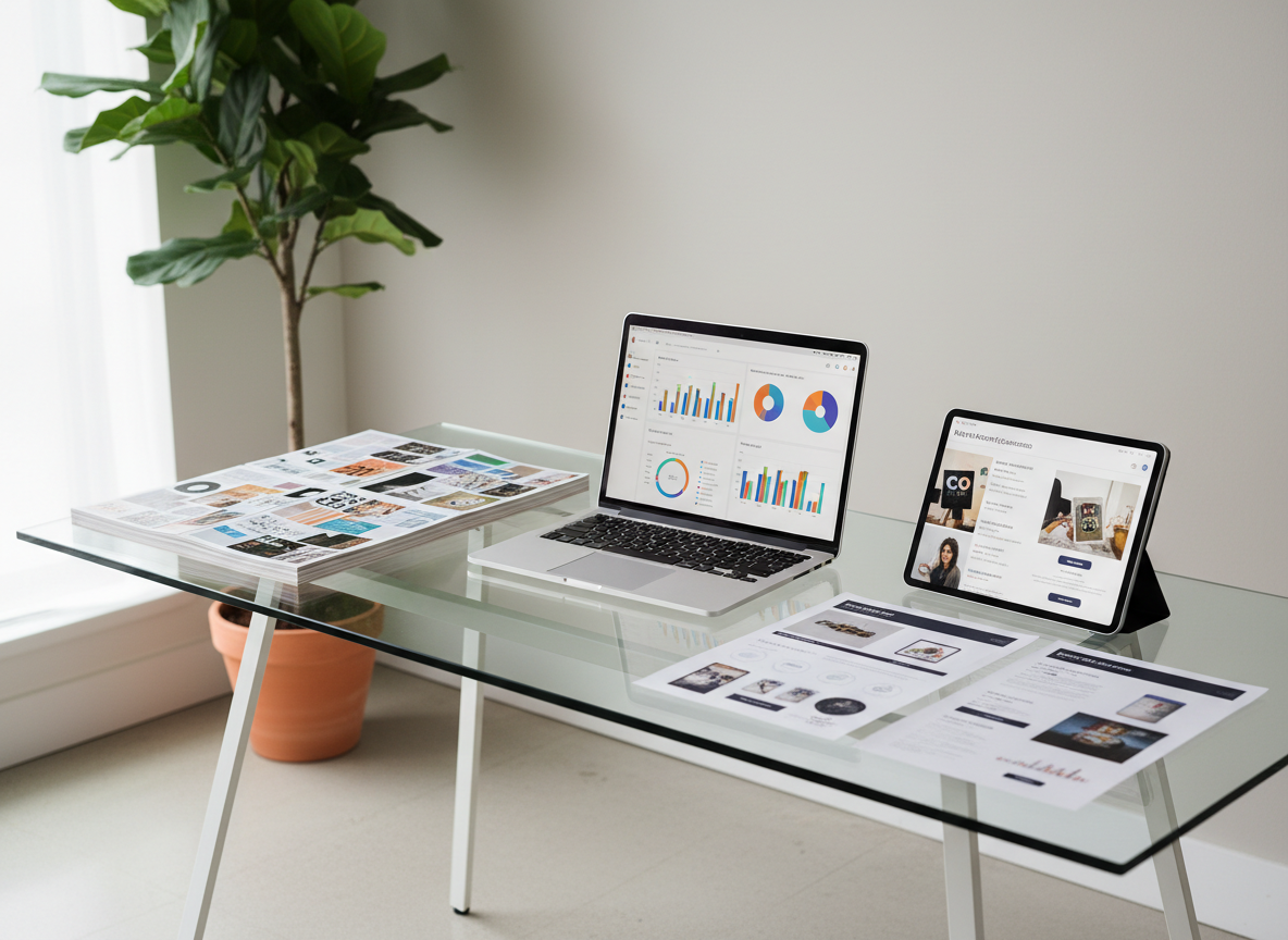 A sleek glass-top desk covered with meticulously arranged marketing campaign materials: a laptop displaying an analytics dashboard with colorful graphs, neatly stacked mood boards, and printed mockups of social media ads and email layouts. A tablet shows a clean project timeline. The scene is set in a bright, minimalist office with neutral walls and a single large plant in the background. Soft, diffused daylight from a nearby window creates gentle reflections on the glass and subtle shadows along the desk’s edge. Photographic realism, eye-level composition, with a slight angle to reveal depth, conveys a professional, organized, results-focused marketing workspace, sharp focus throughout with a clean, modern atmosphere.