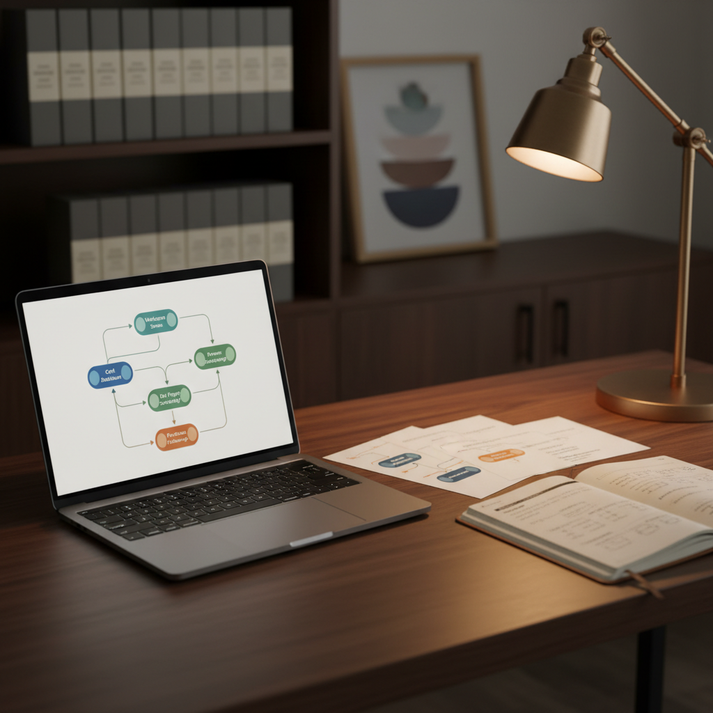 A clean, dark-wood desk featuring a minimalist laptop displaying a crisp email automation workflow, with colored nodes and arrows illustrating a multi-step drip campaign. Nearby, printed email templates with different subject line variations are neatly fanned out, alongside a notebook with precise, structured notes. In the background, a softly blurred shelf holds organized rows of product boxes and a single framed abstract artwork in muted tones. Warm, focused desk-lamp lighting pools on the workspace, creating a cozy yet professional aura with subtle shadows and highlights on the paper textures. Photographic realism, close-up composition with shallow depth of field, emphasizes the detail and craft of lifecycle email marketing strategy.