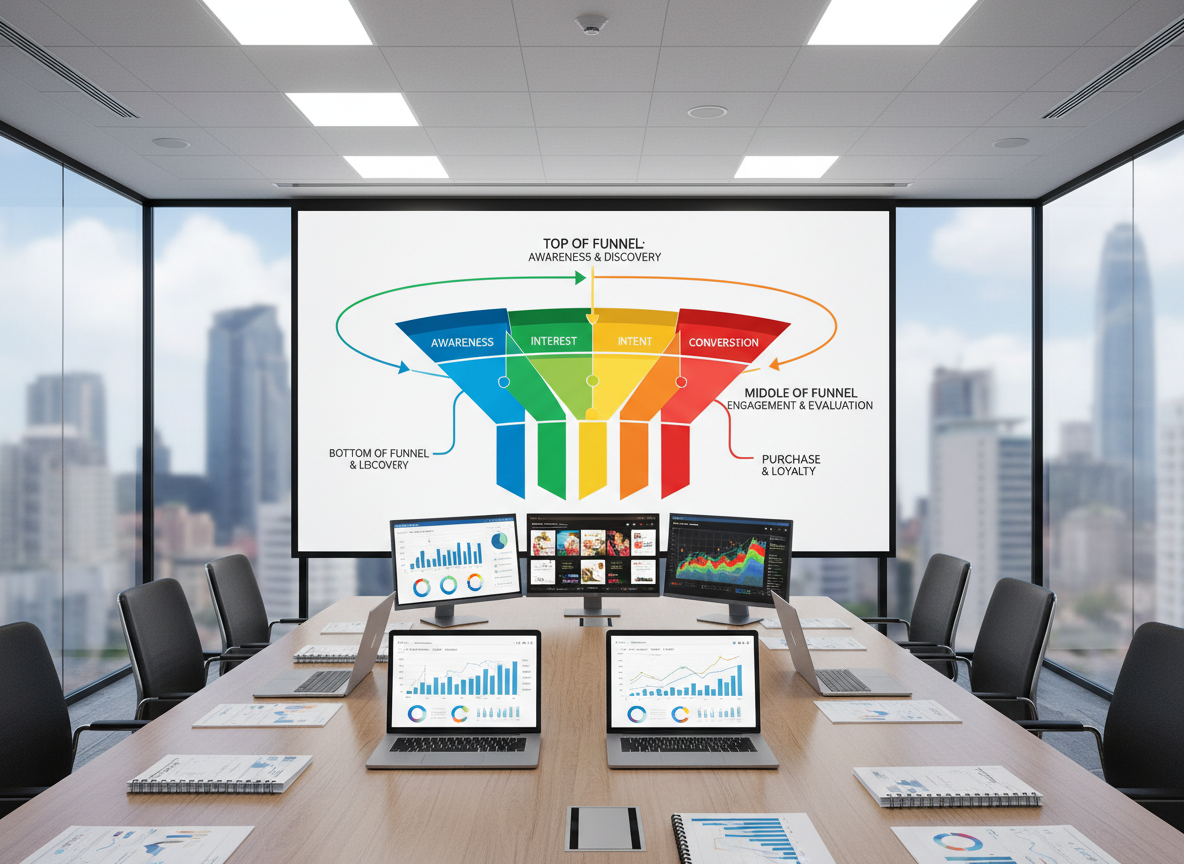 A large wall-mounted digital display shows a detailed marketing funnel diagram made of bold, colorful geometric shapes, flowing from awareness to conversion. Below it, a long wooden conference table holds open laptops with charts, neatly arranged printed reports, and a few color-calibrated monitors showing ad creatives and campaign performance dashboards. The room is a modern glass-walled meeting space with a city skyline softly blurred outside. Bright but balanced overhead office lighting mixes with natural daylight, producing crisp reflections and controlled shadows. Photographic realism, slightly elevated wide shot, capturing the full environment in sharp focus, creates a strategic, data-driven, professional mood ideal for showcasing marketing project planning.