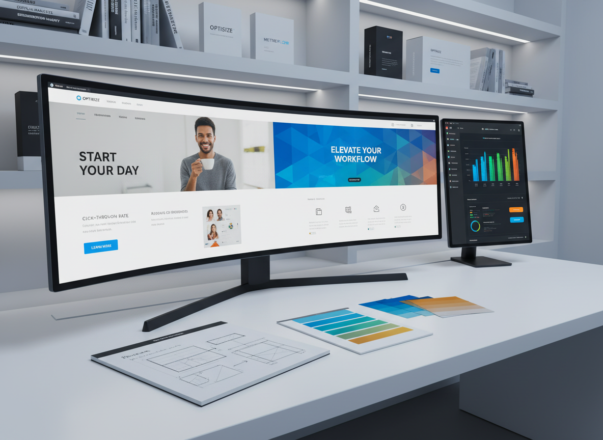 An ultra-wide curved monitor on a clean white desk displays a side-by-side comparison of A/B tested landing pages, each with different hero images and layout structures, while a secondary monitor shows real-time click-through and conversion metrics in vivid colors. Beside the screens lie a sketchpad with hand-drawn wireframes and color swatch cards. The background features subtle shelving with neatly arranged reference books and branded packaging samples. Cool, even studio-style lighting emphasizes screen clarity without glare, casting soft, controlled shadows. Shot from a slightly low, angled perspective for a cinematic, high-tech feel, photographic realism, with a focused, analytical, optimization-driven atmosphere that highlights the precision of digital marketing experiments.