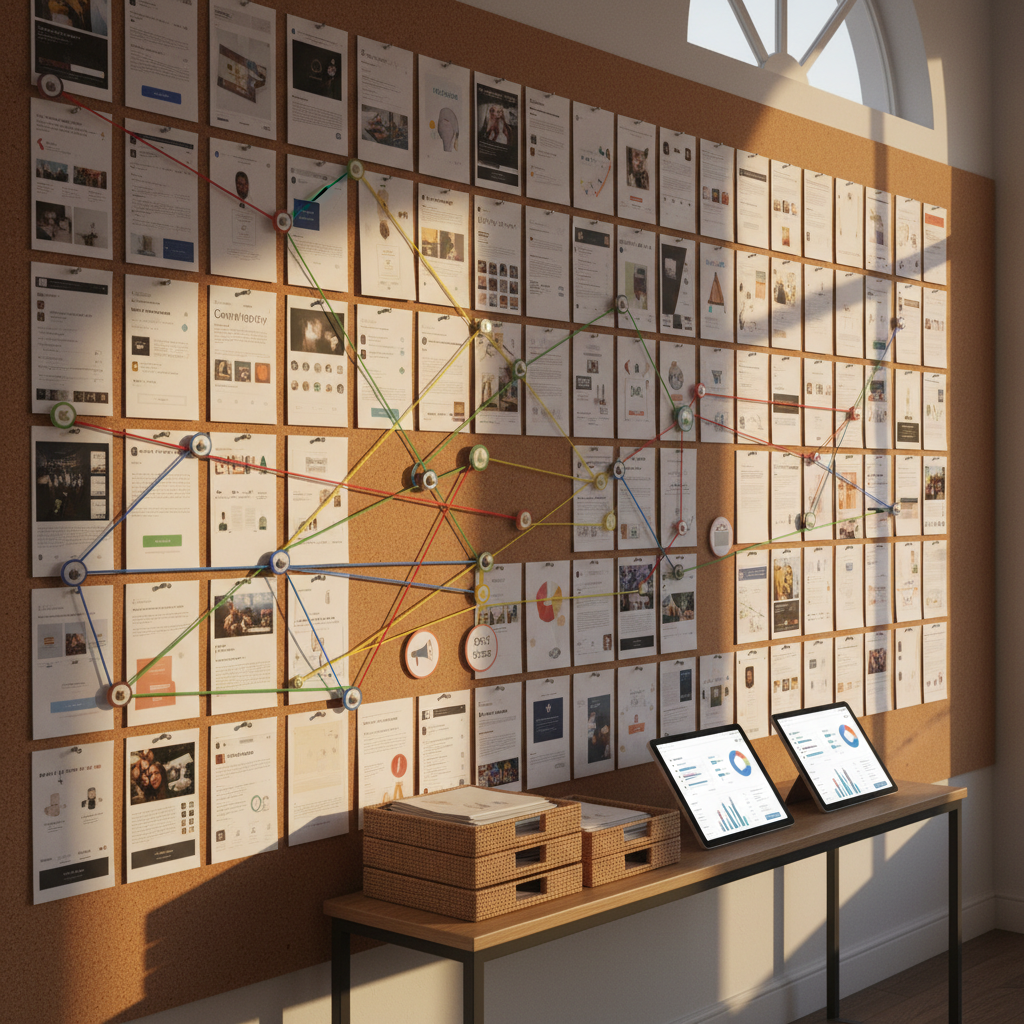 A long corkboard-lined wall filled with pinned marketing campaign journeys: interconnected printed screenshots of social media posts, email sequences, landing pages, and retargeting ads, each linked by colored string paths and small icon markers representing key metrics and audience segments. Below, a slim console table holds organized trays of printed reports and sleek tablets showing dashboards. Warm afternoon light enters from tall side windows, casting elongated, soft shadows and creating a golden glow on the textured cork and paper surfaces. Photographic realism, captured from a slightly oblique, eye-level angle, with moderate depth of field to keep most details legible. The mood is strategic and thoughtful, emphasizing the complexity and orchestration of drip marketing campaigns.